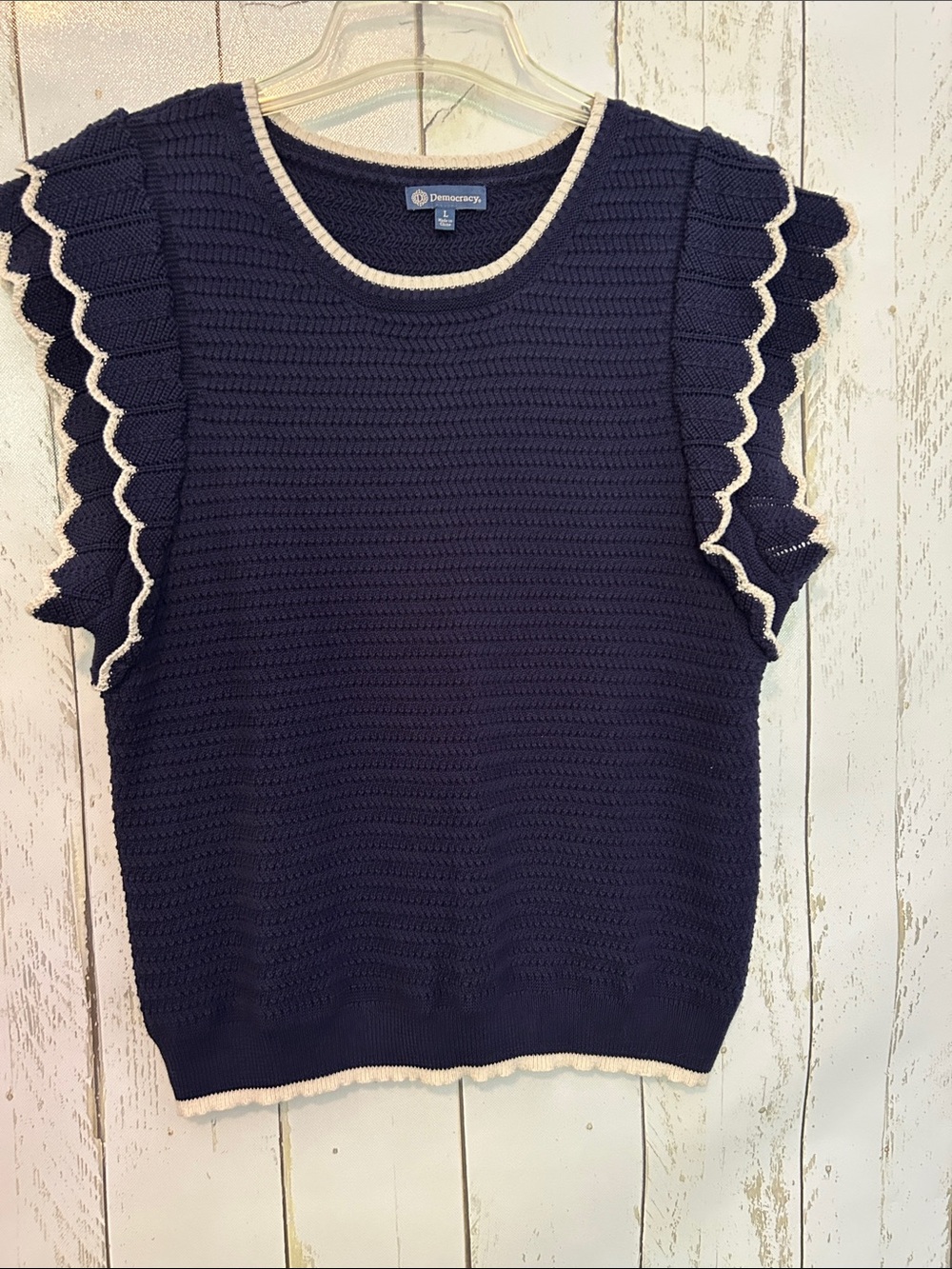 Democracy Navy Knit Ruffle Sleeve Tank with Cream Trim